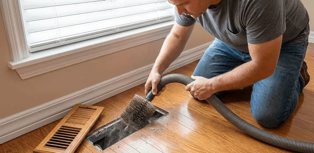Air duct cleaning technician vacuuming a floor vent and duct opening in Seattle, WA