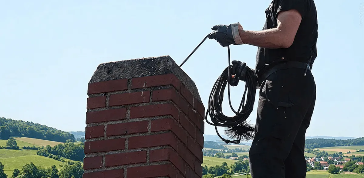 Chimney sweep inspecting and cleaning a rooftop chimney in Seattle, WA