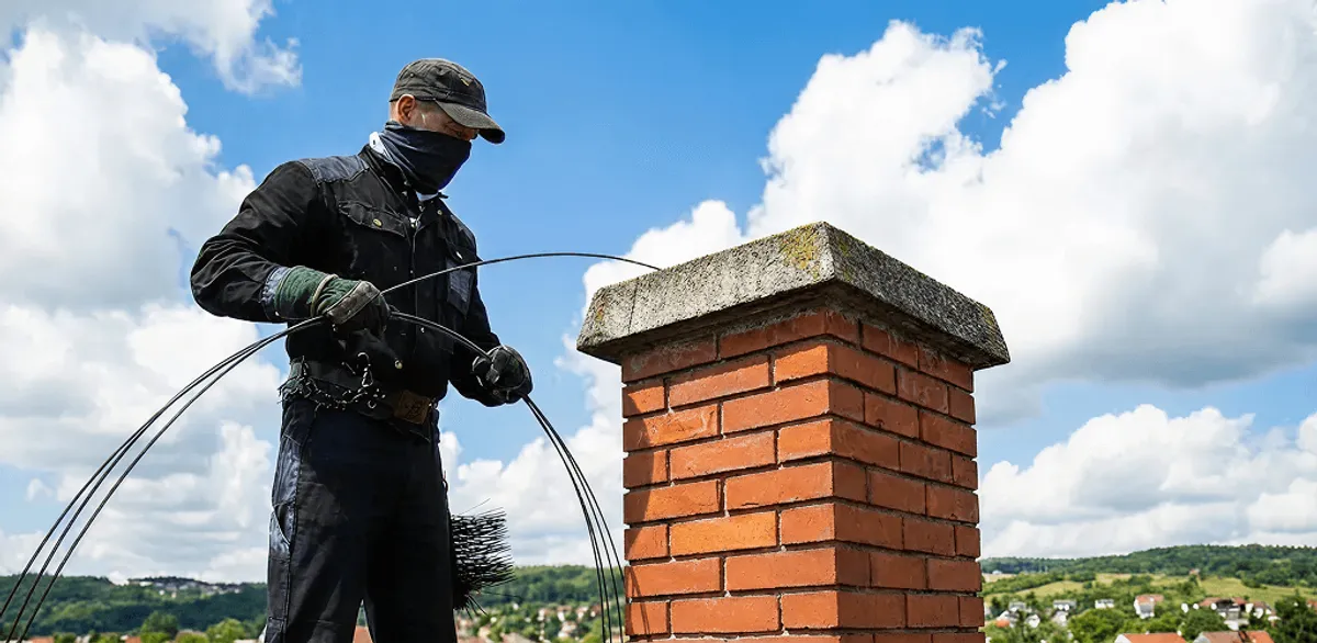 Chimney sweep cleaning a brick chimney with professional tools in Seattle, WA