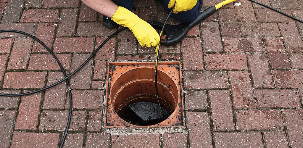 Drain cleaning technician using a drain snake to clear a clogged drain in Seattle, WA