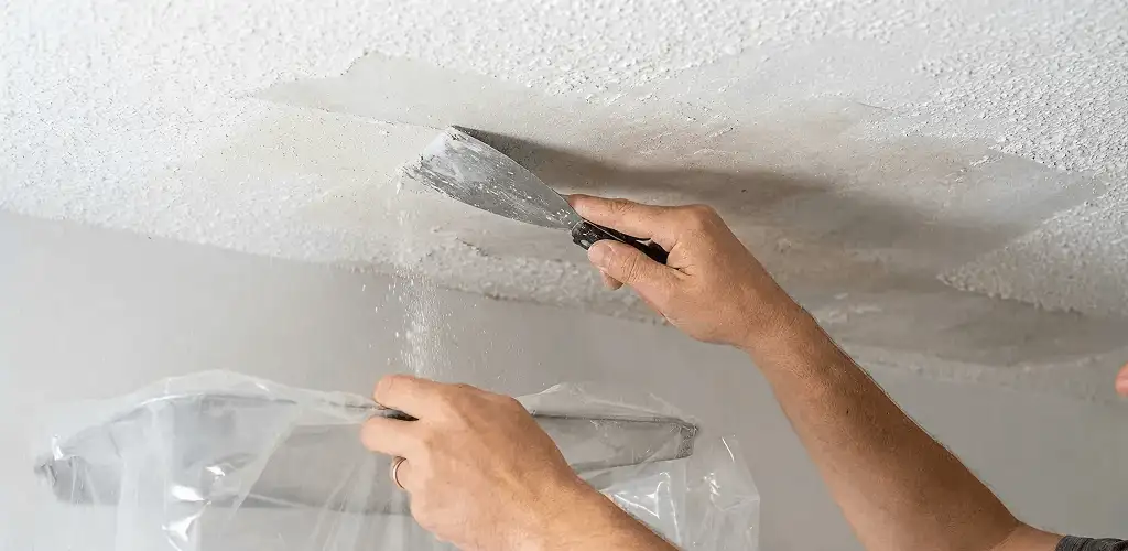 Popcorn ceiling removal technician scraping texture from a ceiling in Seattle, WA