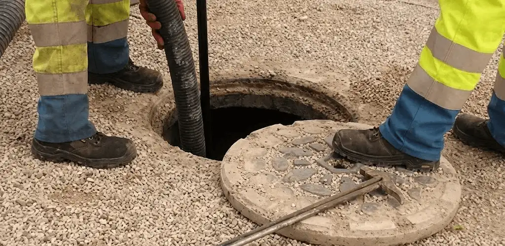 Drain cleaning crew clearing a sewer access point with professional equipment in Seattle, WA