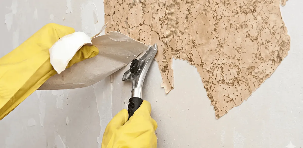 Wallpaper removal service stripping old wallpaper from a wall in Seattle, WA