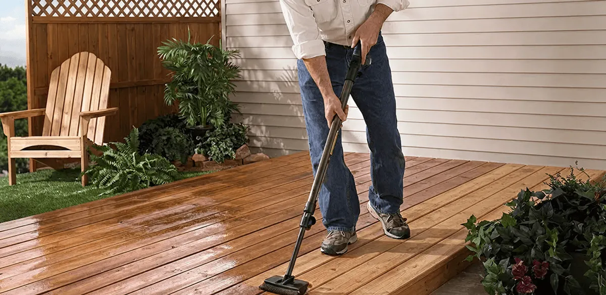 Deck staining service applying stain to a backyard wood deck in Seattle, WA